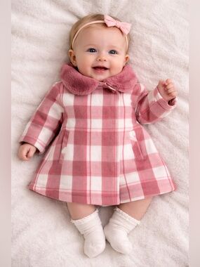 Baby’s Pink Plaid Baby Coat with Faux Fur Collar